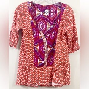 Akemi + Kin Anthropologie Orange Purple Ikat‎ Geometric Split Neck Blouse XS
